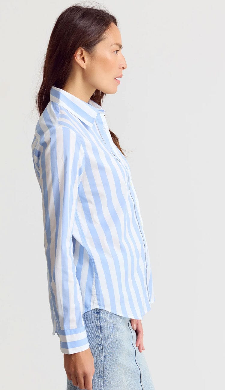 The Boyfriend Shirt Wide Sky Blue and White Stripe by THE SHIRT - at Paula & Chlo - side view