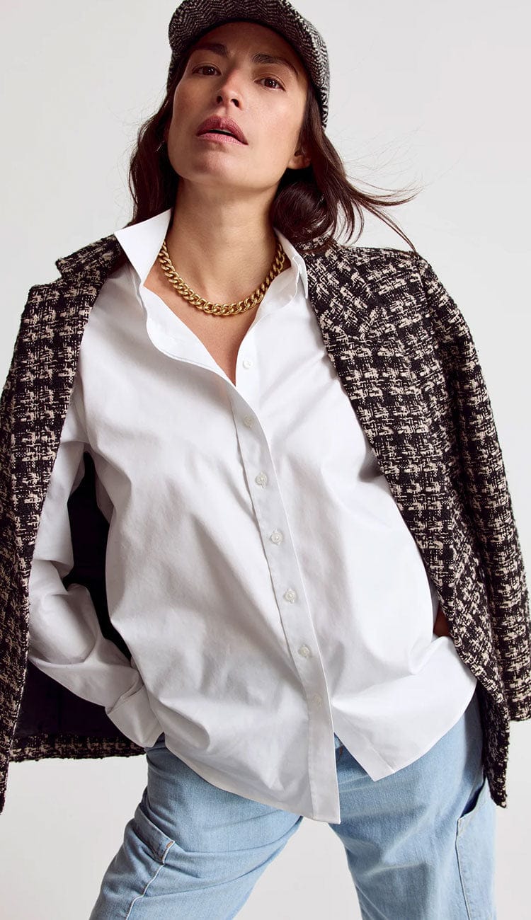 The Boyfriend Shirt White by The Shirt by Rochelle Behrens - Paula & Chlo front with jacket