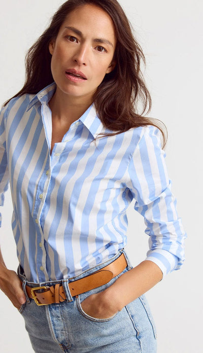 The Boyfriend Shirt Wide Sky Blue and White Stripe by THE SHIRT - at Paula & Chlo - front view