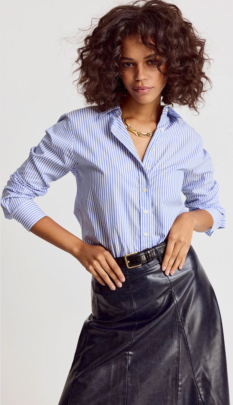 The Icon Shirt in Blue and White Stripe by Rochelle Behrens - at Paula & Chlo - front view