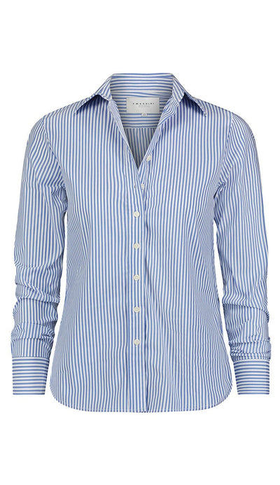 The Icon Shirt in Blue and White Stripe by Rochelle Behrens - at Paula & Chlo - front view 2