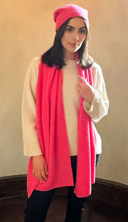 white and warren travel wrap and beanie in bright rose over white sweater