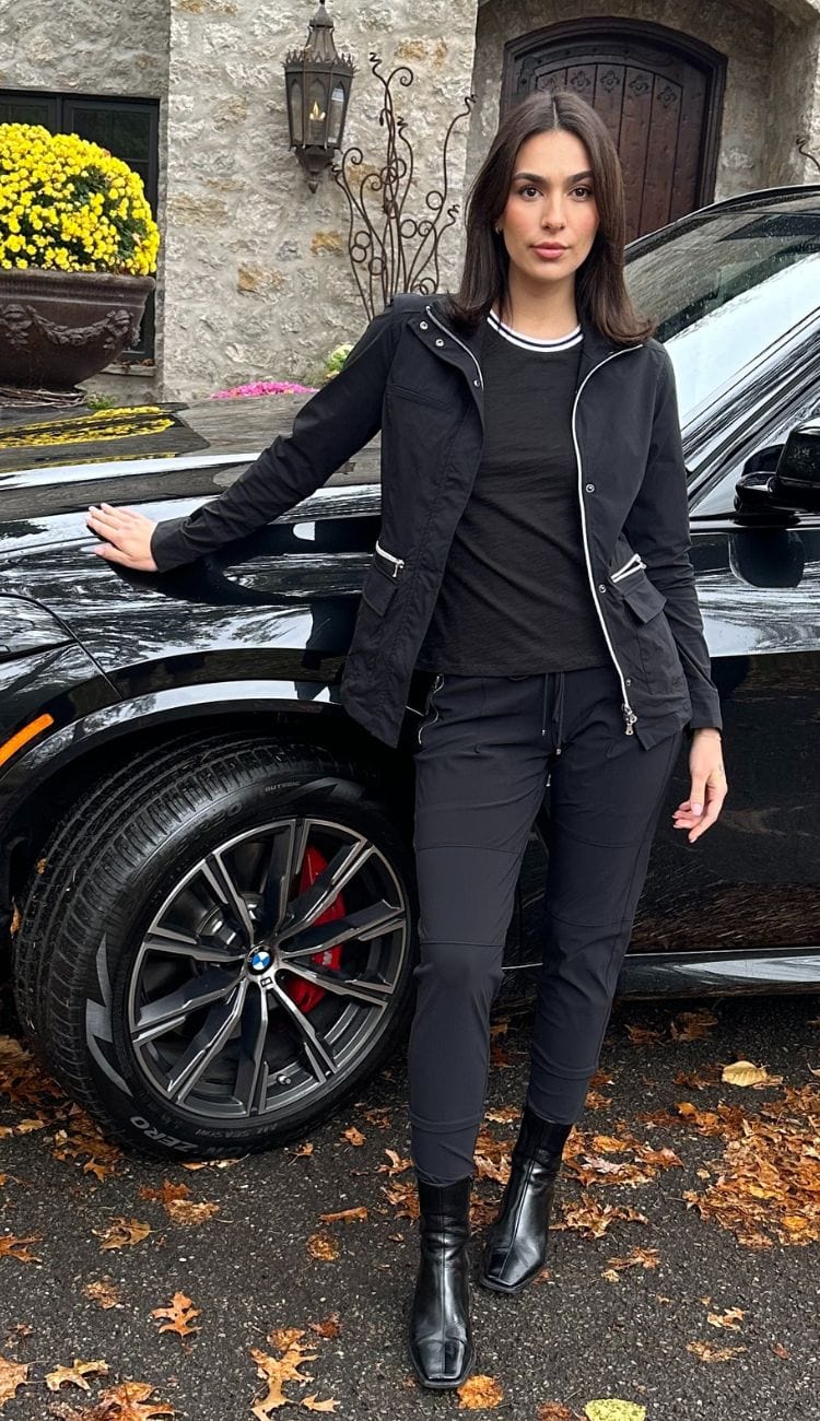 Raffaello Rossi Candy Pant in black, women’s slim jogger pant with drawstring waist and zip pockets, Kenya Jacket Black