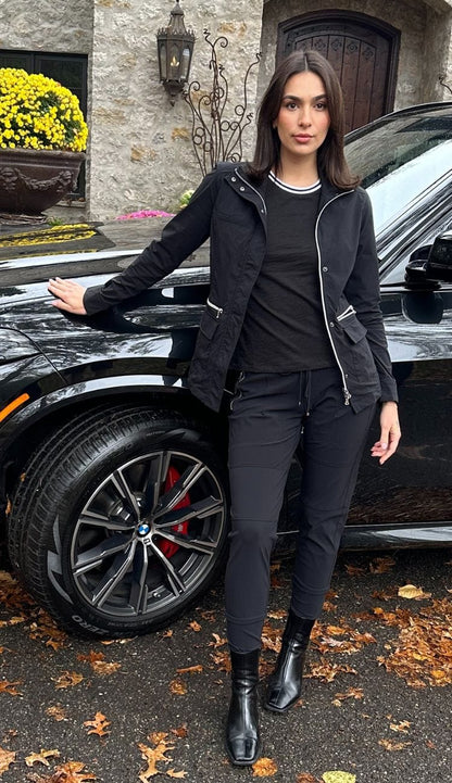 Raffaello Rossi Candy Pant in black, women’s slim jogger pant with drawstring waist and zip pockets, Kenya Jacket Black