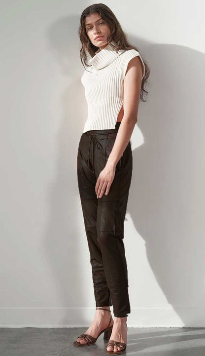 Raffaello Rossi Candy Pant  Faux Leather in espresso women’s slim jogger pant with drawstring waist and zip pockets