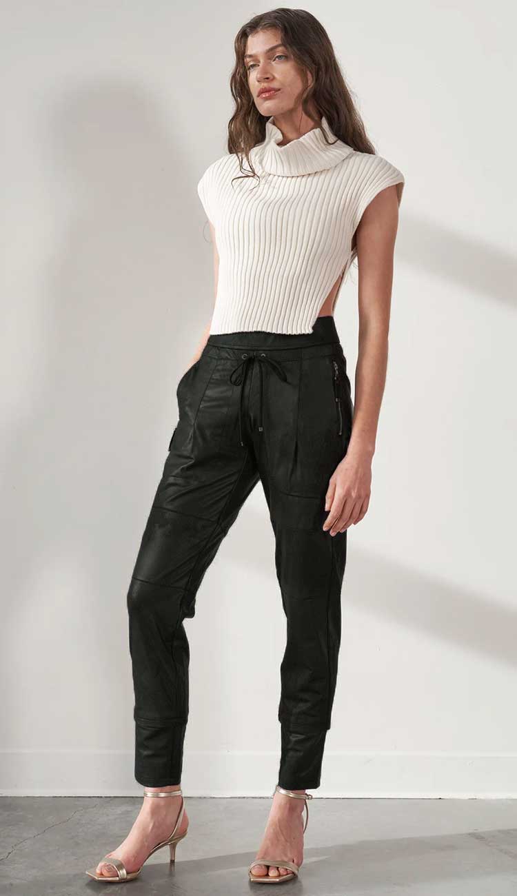 Raffaello Rossi Candy Pant  Faux Leather in dark olive, women’s slim jogger pant with drawstring waist and zip pockets