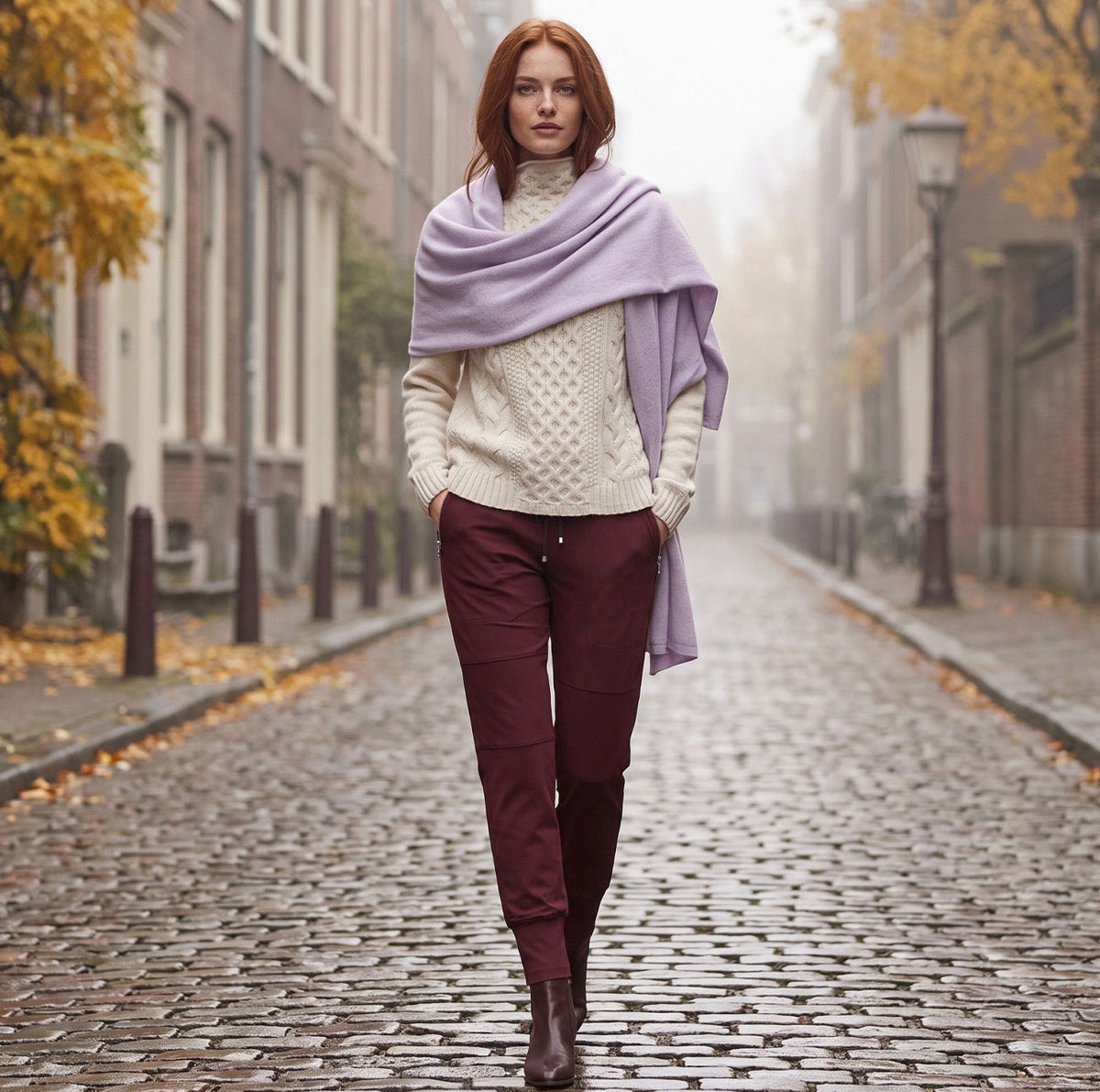 Woman wearing Raffaello Candy Pants and an ivory cashmere sweater with an iris White & Warren cashmere travel wrap.