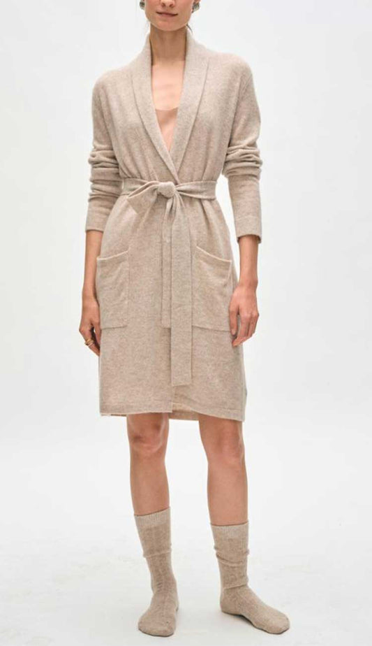 White + Warren cashmere short robe in Sandwisp, a long-sleeve cashmere robe with shawl collar, patch pockets, and tie belt.