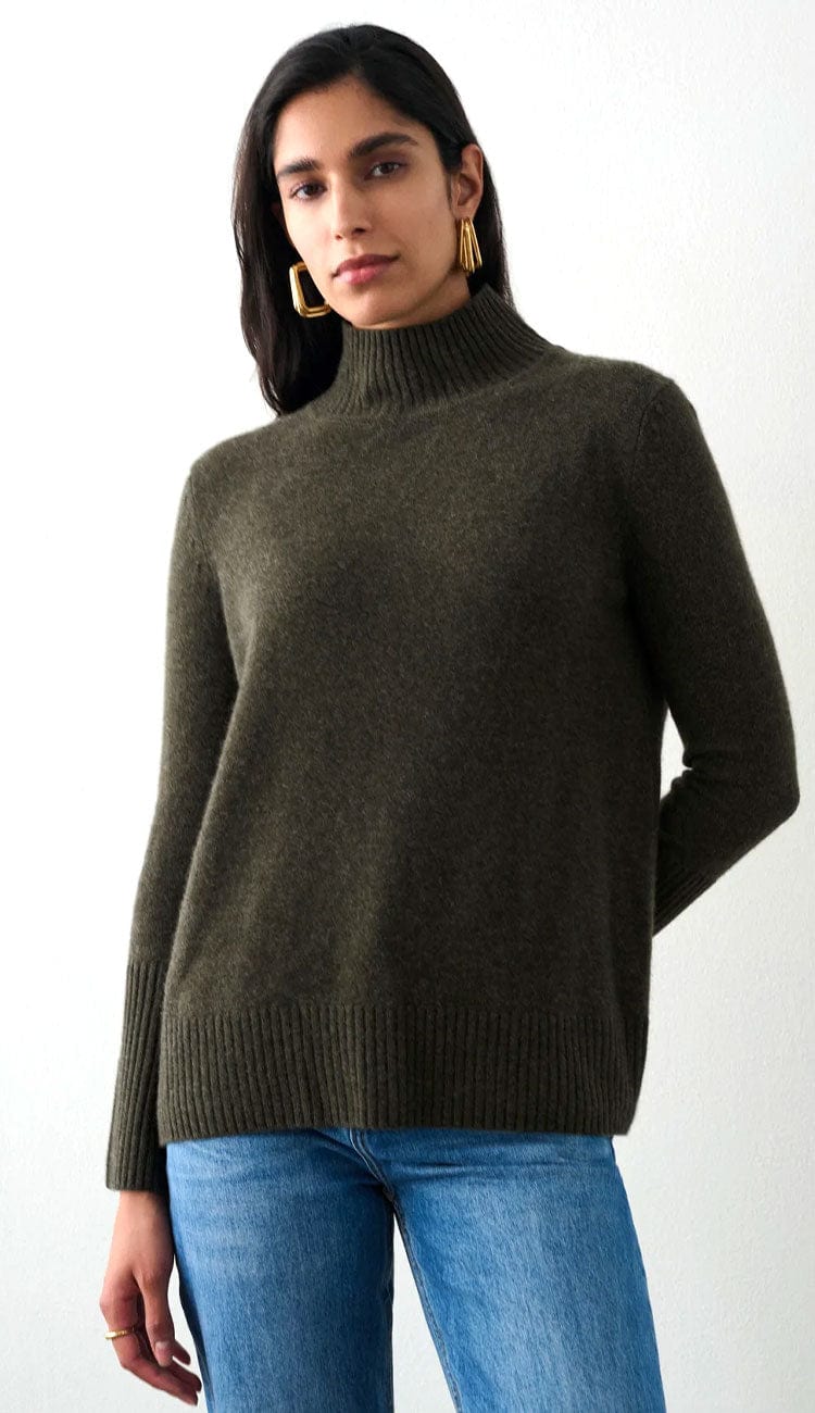 White + Warren Easy Standneck Sweater in Thyme 100% Cashmere front view - Paula & Chlo 