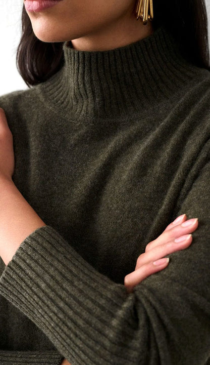 White + Warren Easy Standneck Sweater in Thyme 100% Cashmere detailed view  - Paula & Chlo