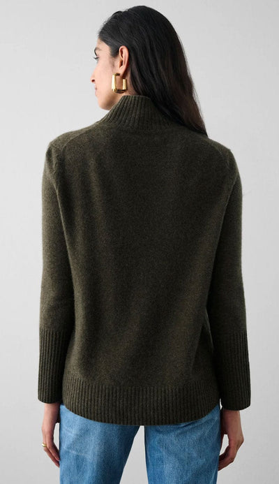 White + Warren Easy Standneck Sweater in Thyme 100% Cashmere front view back view - Paula & Chlo