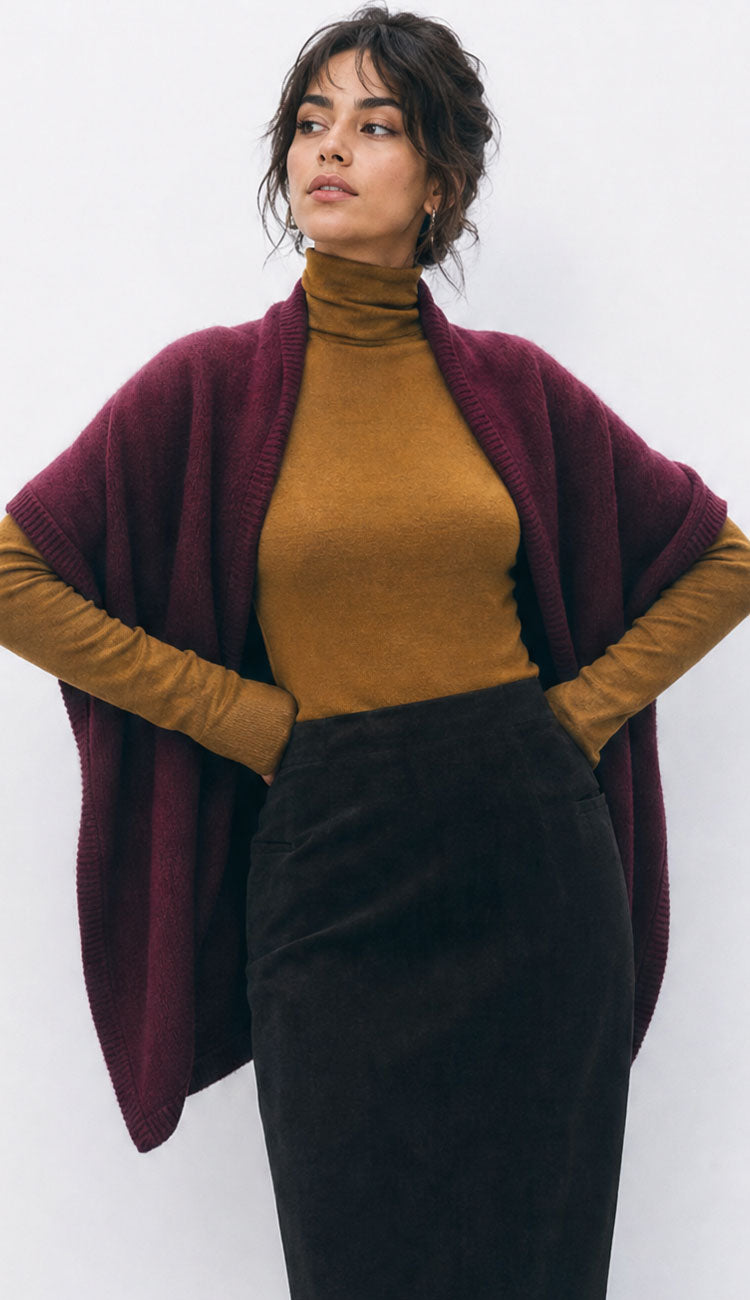Woman wearing the White and Warren Triangle Scarf in Sangria - wine colored on a white background