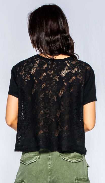 Crew Crop Boxy Slub Tee Lace Back in Black - Back view- Paula & Chlo