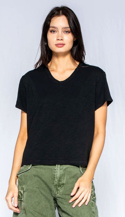 Crew Crop Boxy Slub Tee Lace Back in Black - Front view- Paula & Chlo