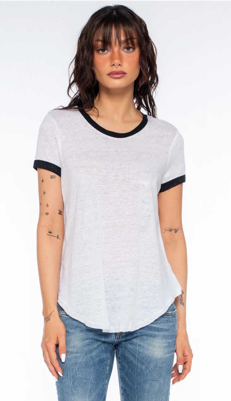 wilt linen black tee front view white trimmed with black and blue jeans