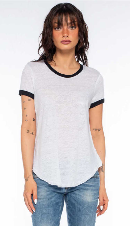 wilt linen black tee front view white trimmed with black and blue jeans