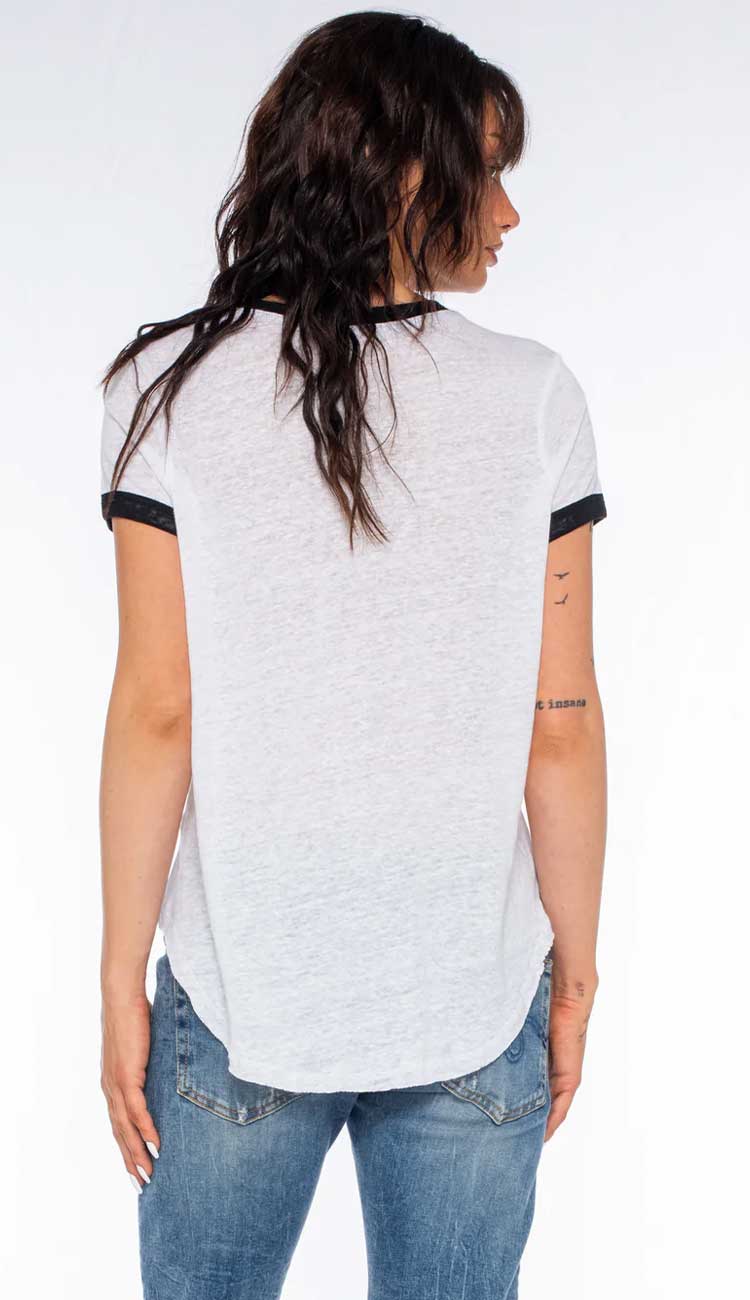 wilt linen black tee back view white trimmed with black and blue jeans