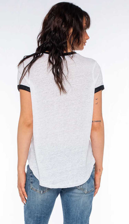 wilt linen black tee back view white trimmed with black and blue jeans