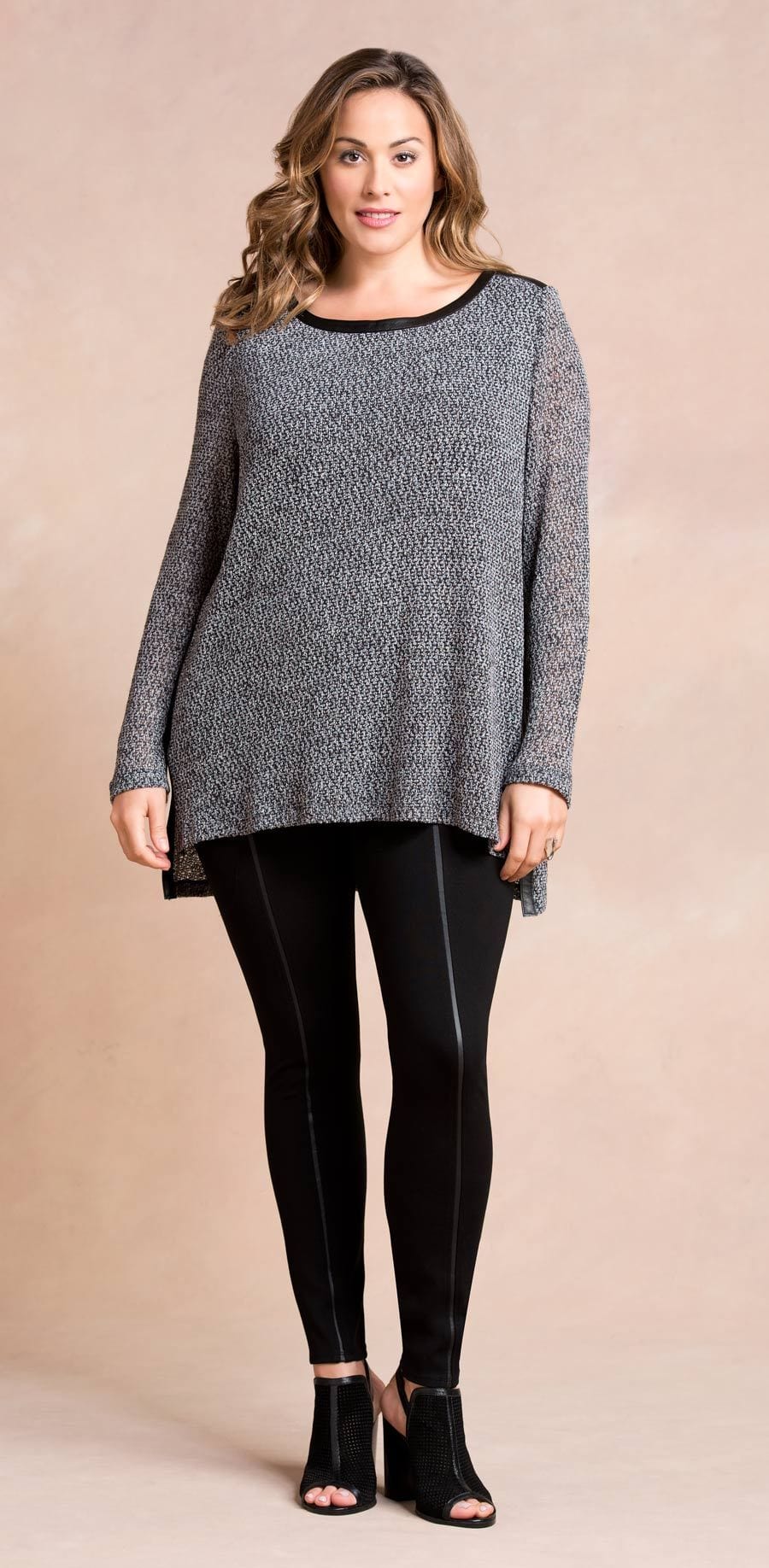 black leggings with a leather detail grey top over it