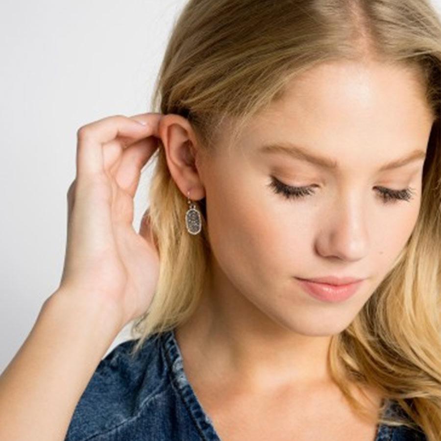 Lee Earrings - Iridescent Rhodium Drusy on model 