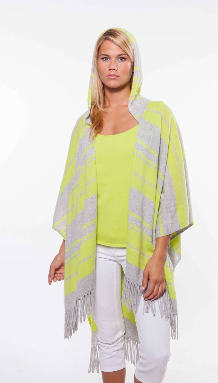 Fringe Hooded Stripe Ruana - Day Glow & Ash