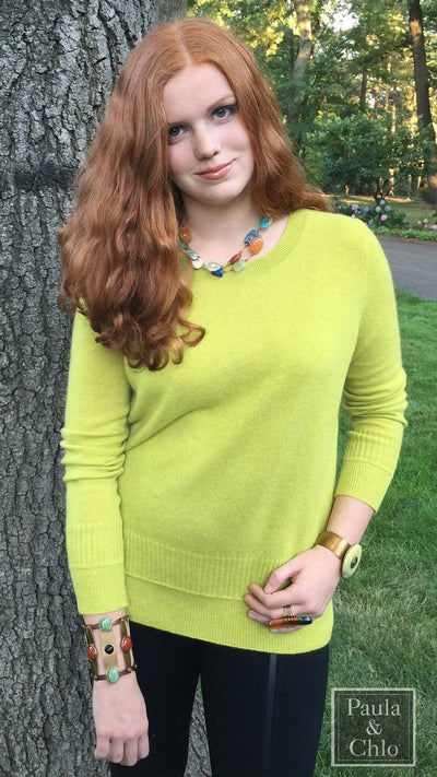 Ottoman Rib Trim Crewneck Cashmere Sweater - Chartreuse Heather