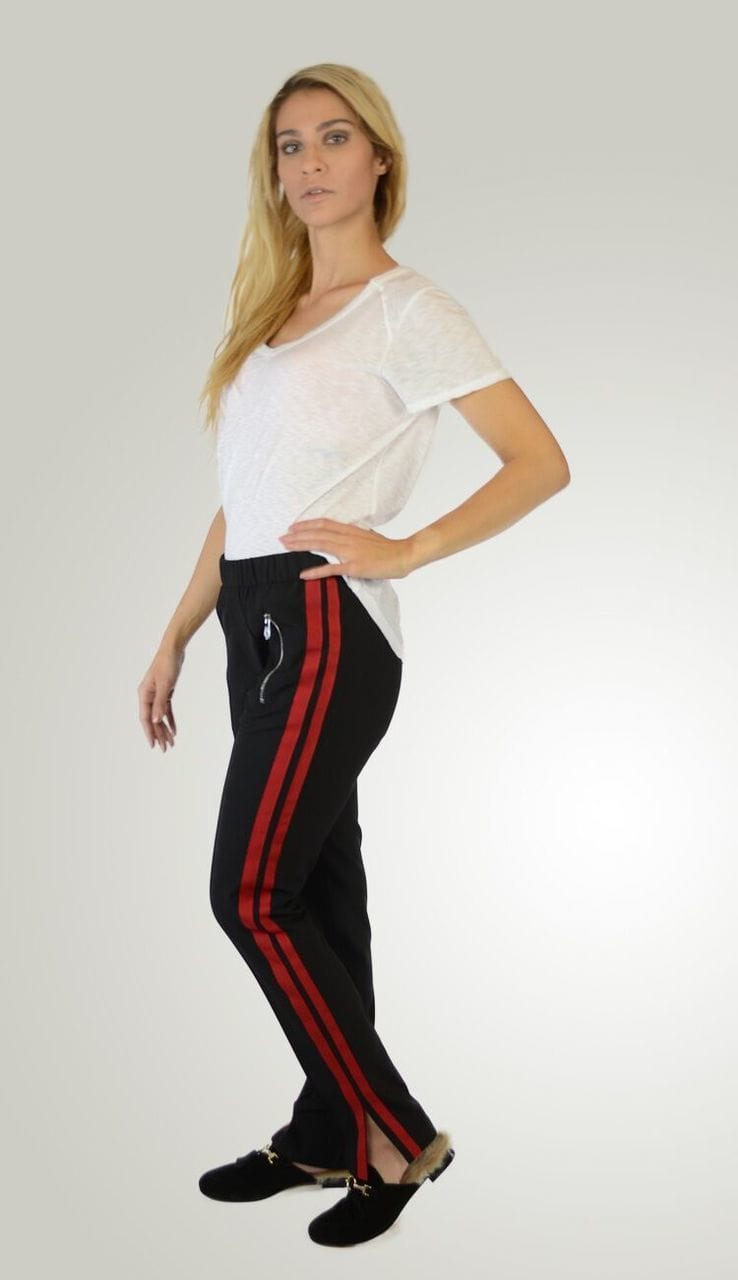OUI Athleisure Pant - Black with Red Stripe