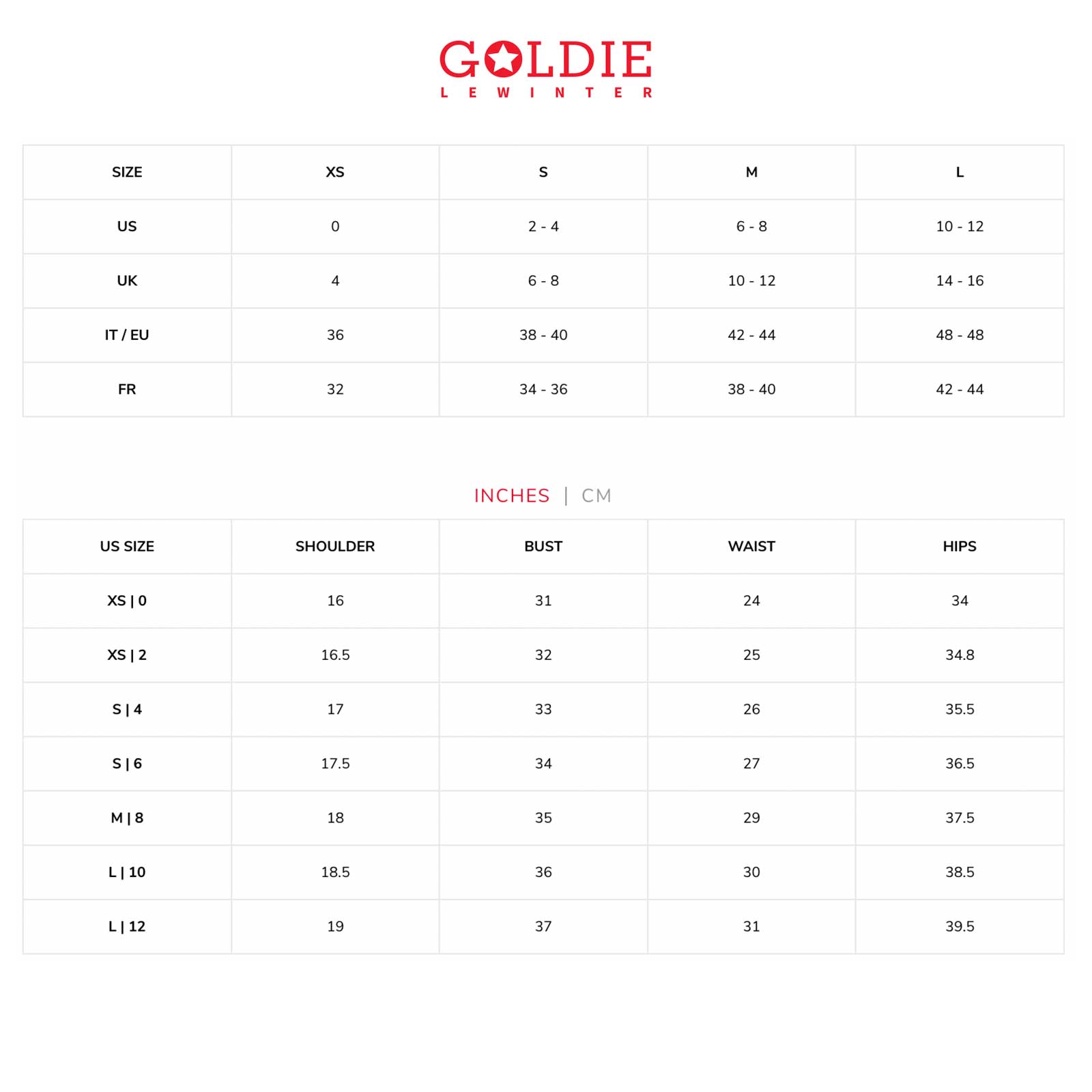Goldie size chart 