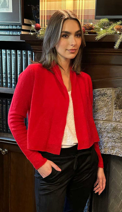 White and Warren Essential cashmere cropped trapeze cardigan in crimson red show with the Candice Vegan Suede Pants in black.