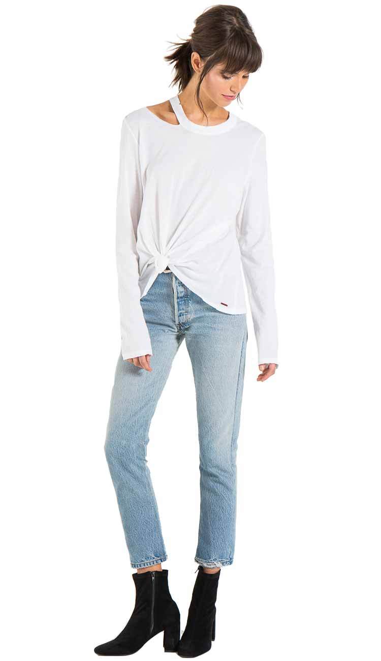 Alexa long sleeve tee with distressing by philanthropy in white Full view