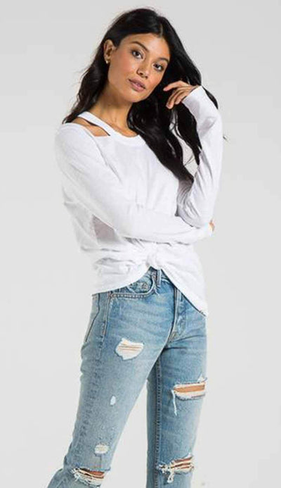 Alexa long sleeve tee with distressing by philanthropy in white view 3
