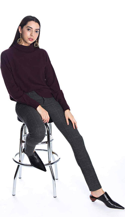 autumn cashmere turtle neck paired with stretch plaid trouser cigarette pant by david lerner