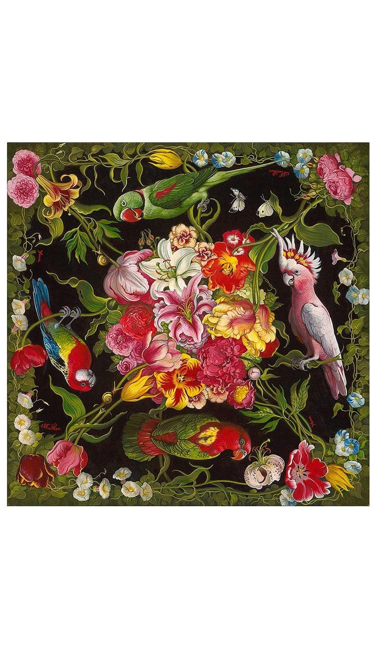 FLORAL WITH BIRDS IN BLACK AND GREENS SCARF