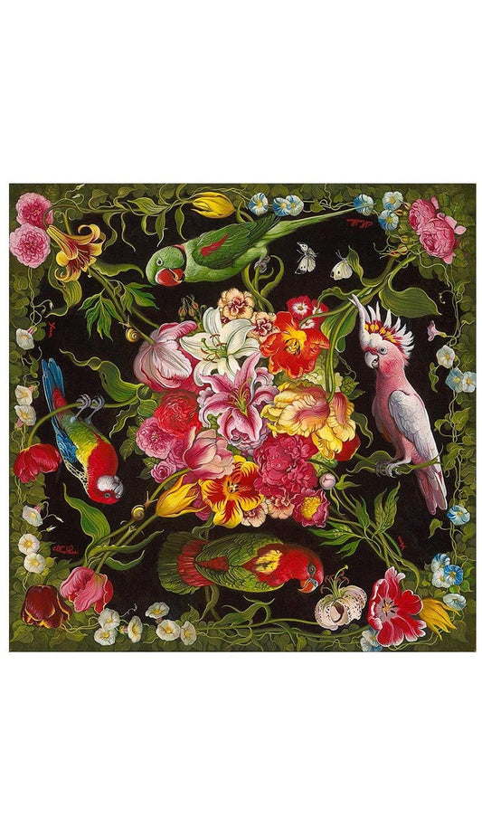 FLORAL WITH BIRDS IN BLACK AND GREENS SCARF