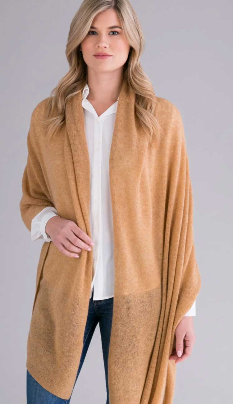 100% cashmere breezy travel wrap by Alashan in Camel - Paula & Chlo