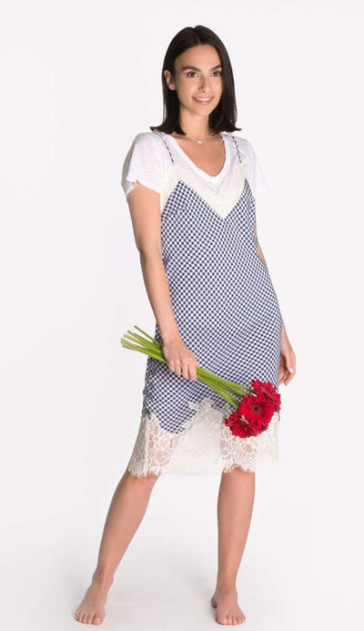 anne marie silk slip dress by gold hawk - blue and white gingham 