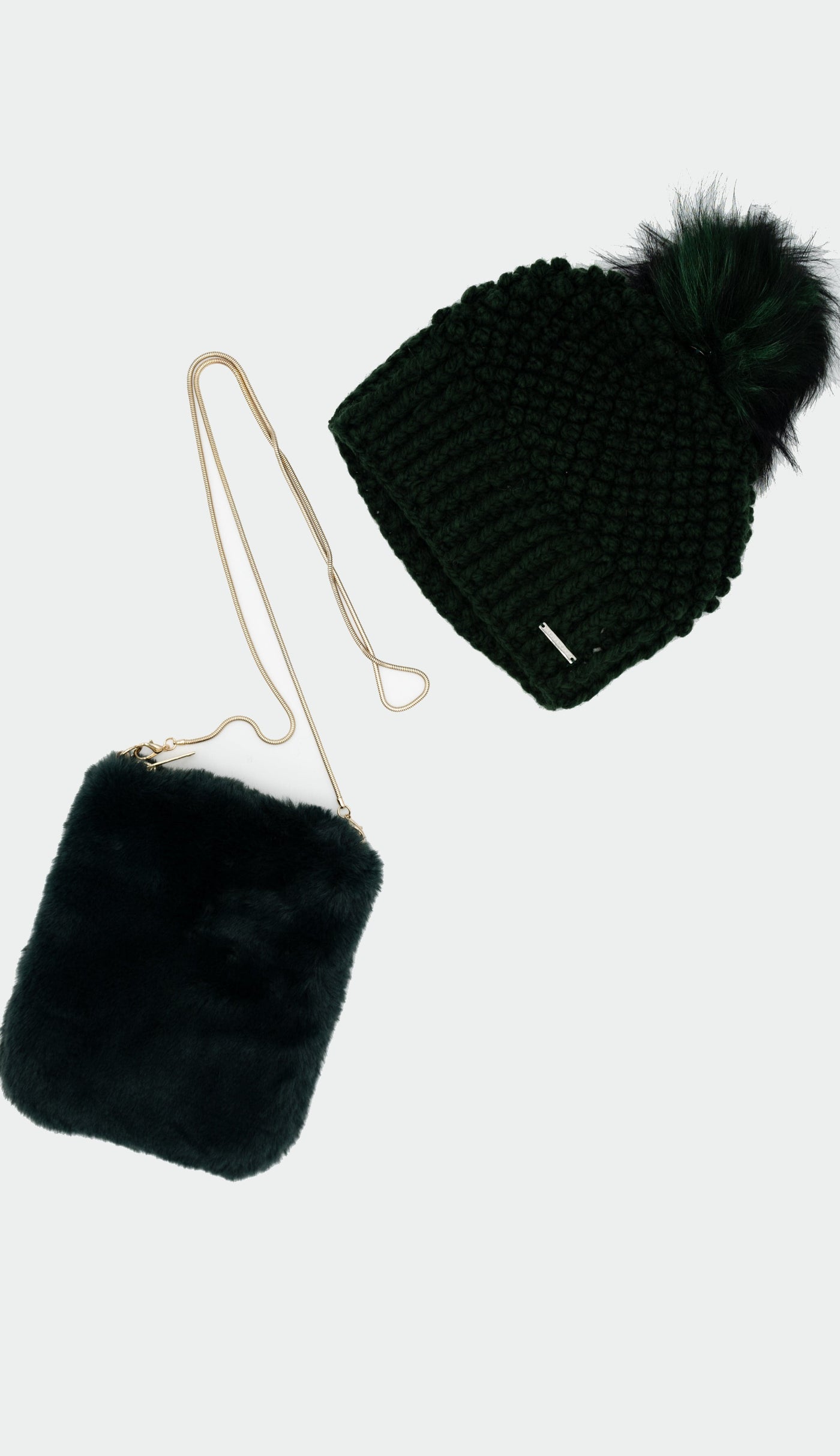 bottle green crochet hat with faux fur crossover bag