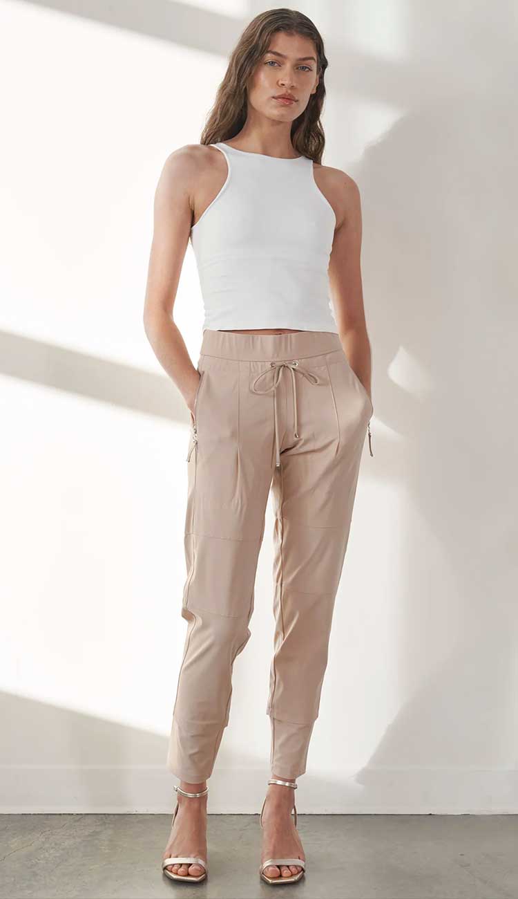 Raffaello Rossi Candy Pant in cashew, women’s slim jogger pant with drawstring waist and zip pockets