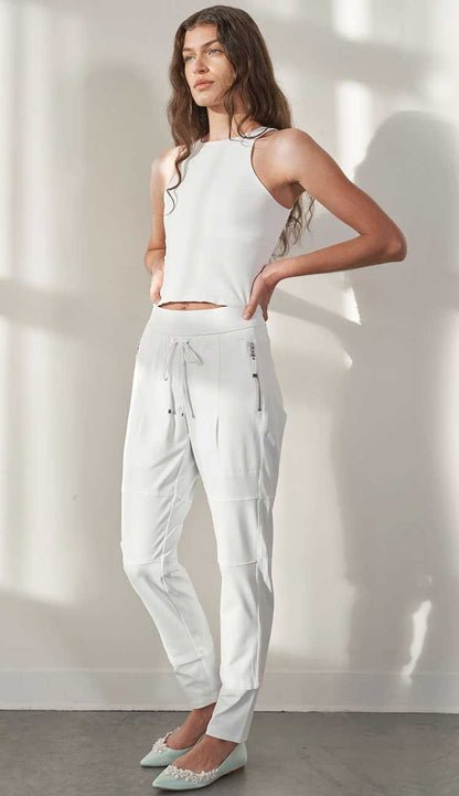 Raffaello Rossi Candy Pant in white, women’s slim jogger pant with drawstring waist and zip pockets