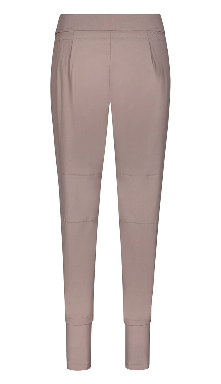 Raffaello Rossi Candy Pant in taupe, women’s slim jogger pant with drawstring waist and zip pockets back view 