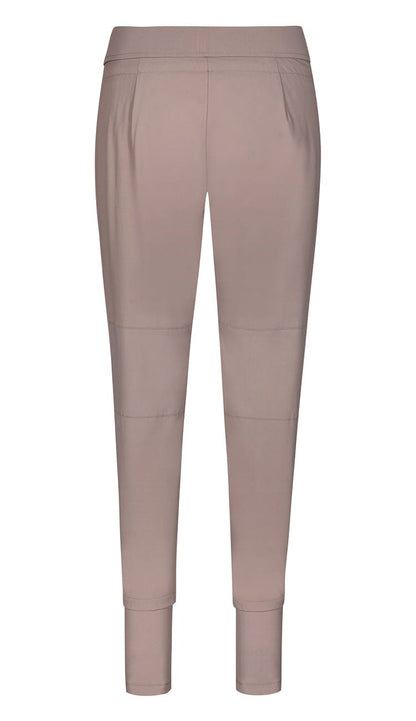 Raffaello Rossi Candy Pant in taupe, women’s slim jogger pant with drawstring waist and zip pockets back view 