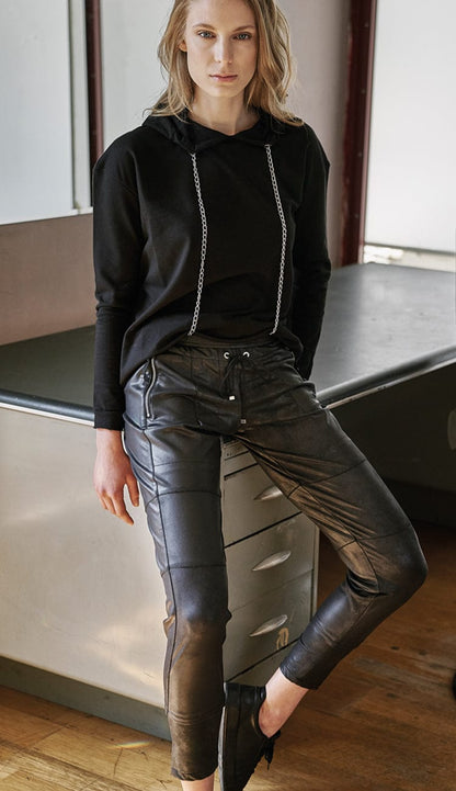 Raffaello Rossi Candy Pant  Faux Leather in black, women’s slim jogger pant with drawstring waist and zip pockets