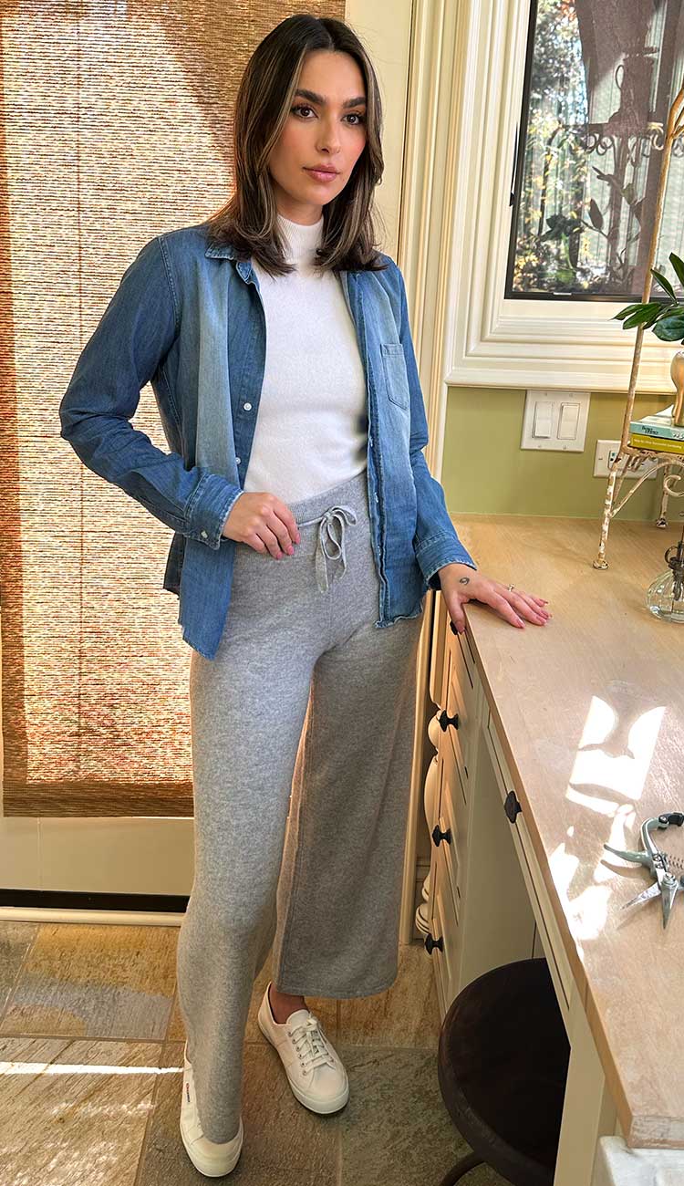 Amelia Cashmere Pants paired with Frank + Eileen jean shirt and the White + Warren Sleeveless Top - Paula & Chlo
