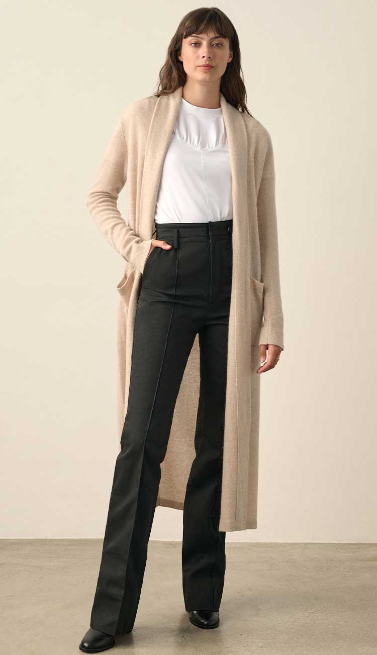 White + Warren Cashmere Robe - Toffee Heather worn with pants and tee front view - Paula & Chlo