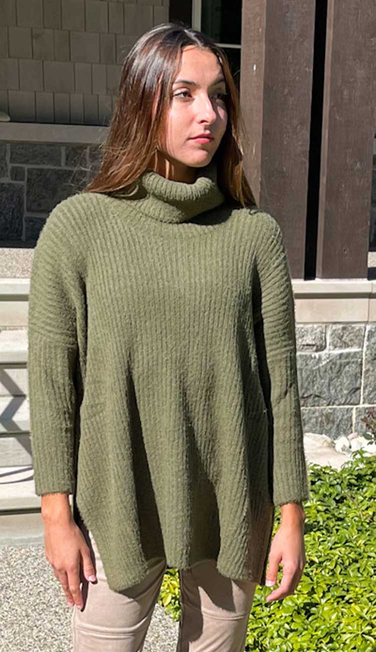 mersea chalet ribbed cowel neck sweater in olive green