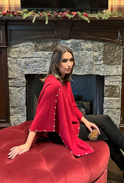 Beaded crystal trimmed topper in red velvet -add a little sparkle to your wardrobe with this cashmere topper. Shop our cashmere collection at Paula & Chlo - your cashmere specialists.