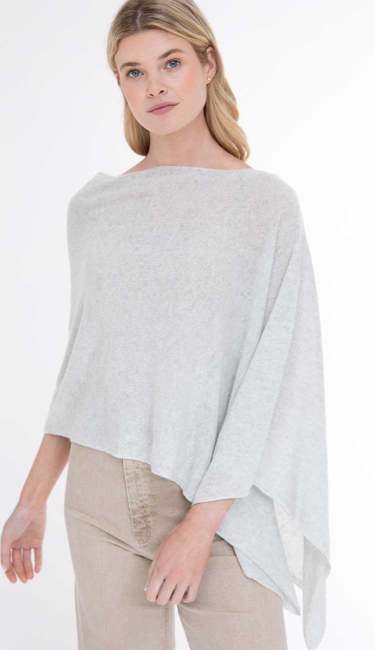 Alashan cashmere topper poncho in cloud grey lightweight one-size wrap with draped silhouette.