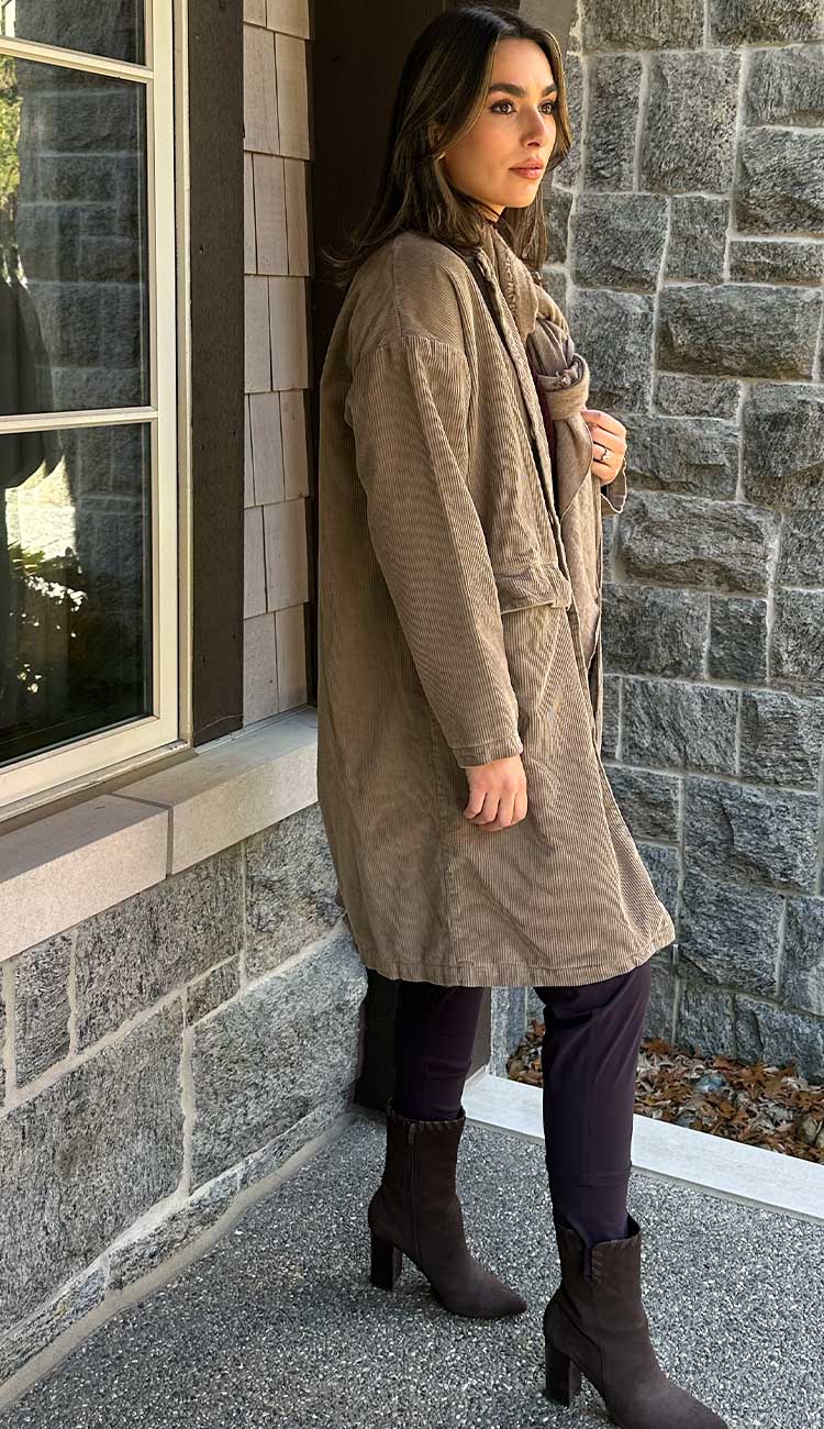 The Morgan Coast in Elephant by CP Shades - Paula & Chlo Paired with Candy Pants in Viola and White + Warren Mockneck sweater and our Grisal cashmere scarf. Side View