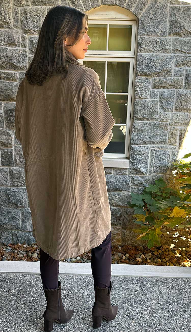 The Morgan Coast in Elephant by CP Shades - Paula & Chlo Paired with Candy Pants in Viola and White + Warren Mockneck sweater and our Grisal cashmere scarf. Back View