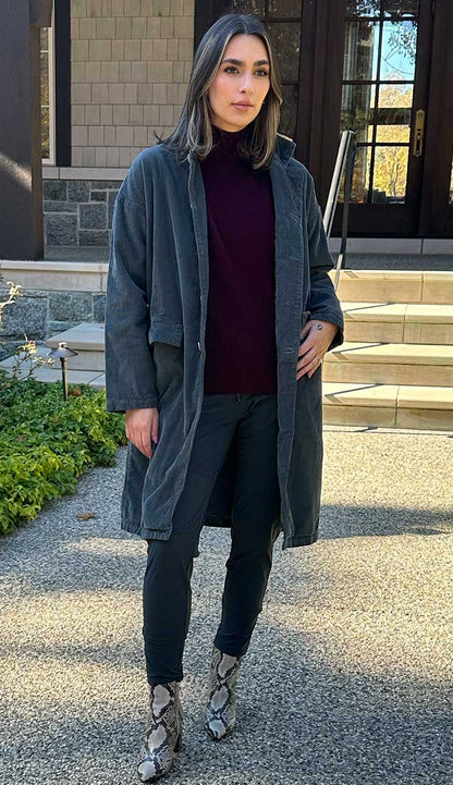 Morgan Coat in Medium Wale Corduroy in Iron Grey by CP Shades - Paula & Chlo paired with Candy Pants in Slate Grey and White + Warren Mockneck Cashmere Sweater.